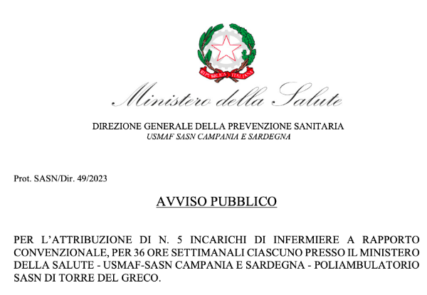 Clicca per accedere all'articolo Avviso Pubblico infermieri in convenzione Ministero della Salute - Napoli